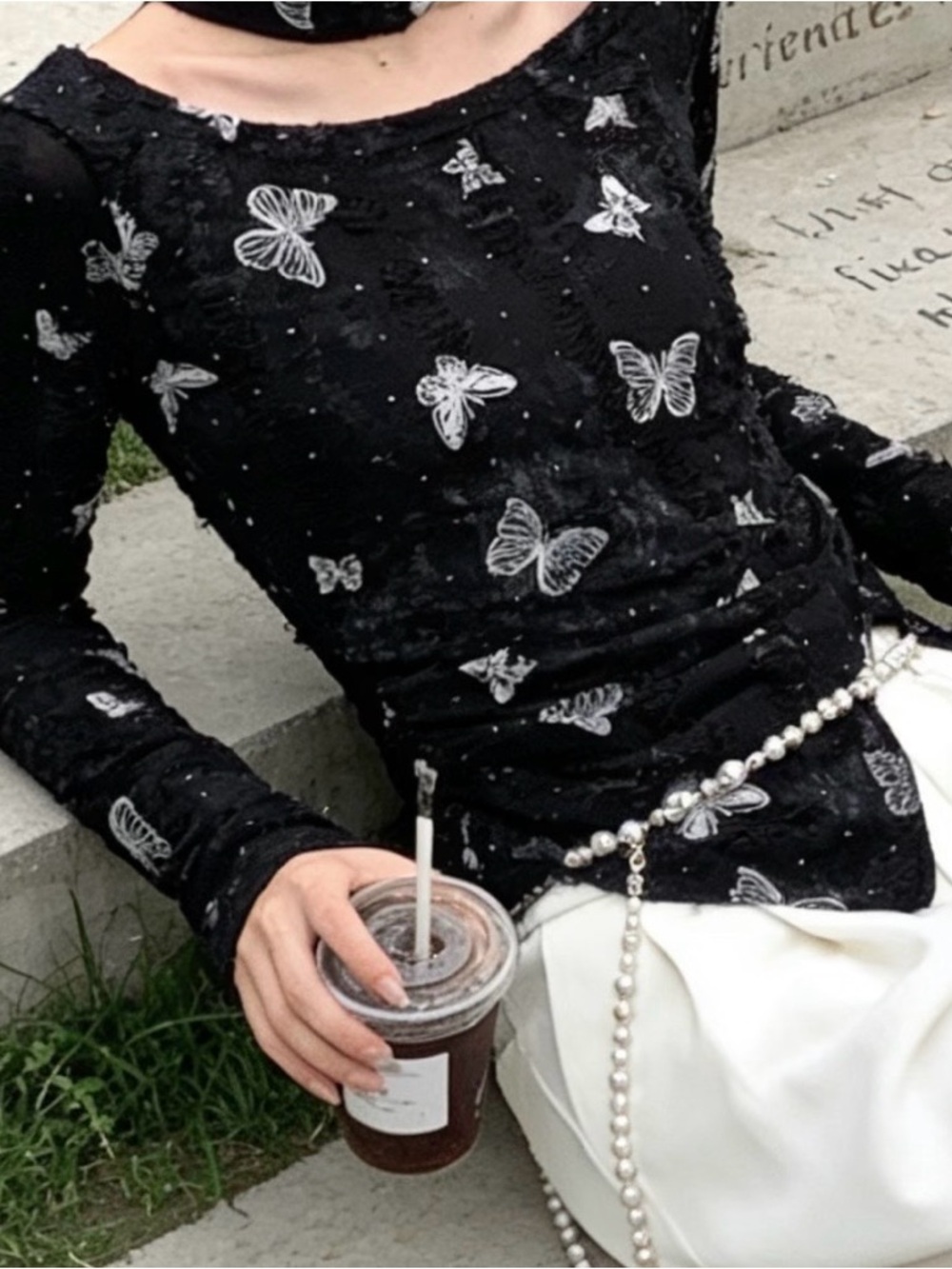 Black Butterfly Print Long-Sleeve Top